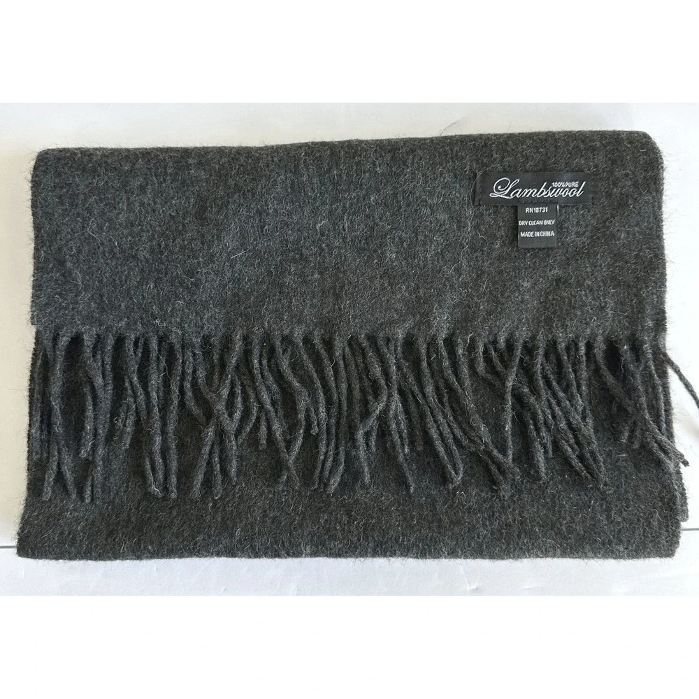 Unisex 100% Lambswool Scarf Charcoal‎ Gray Fringe Men's 12x62 in Quiet Luxury